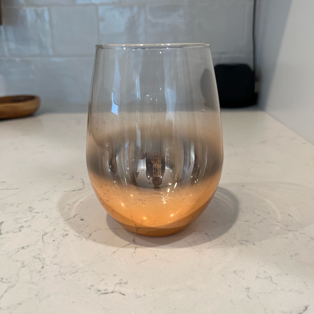 Crate&Barrel copper stemless wine glasses